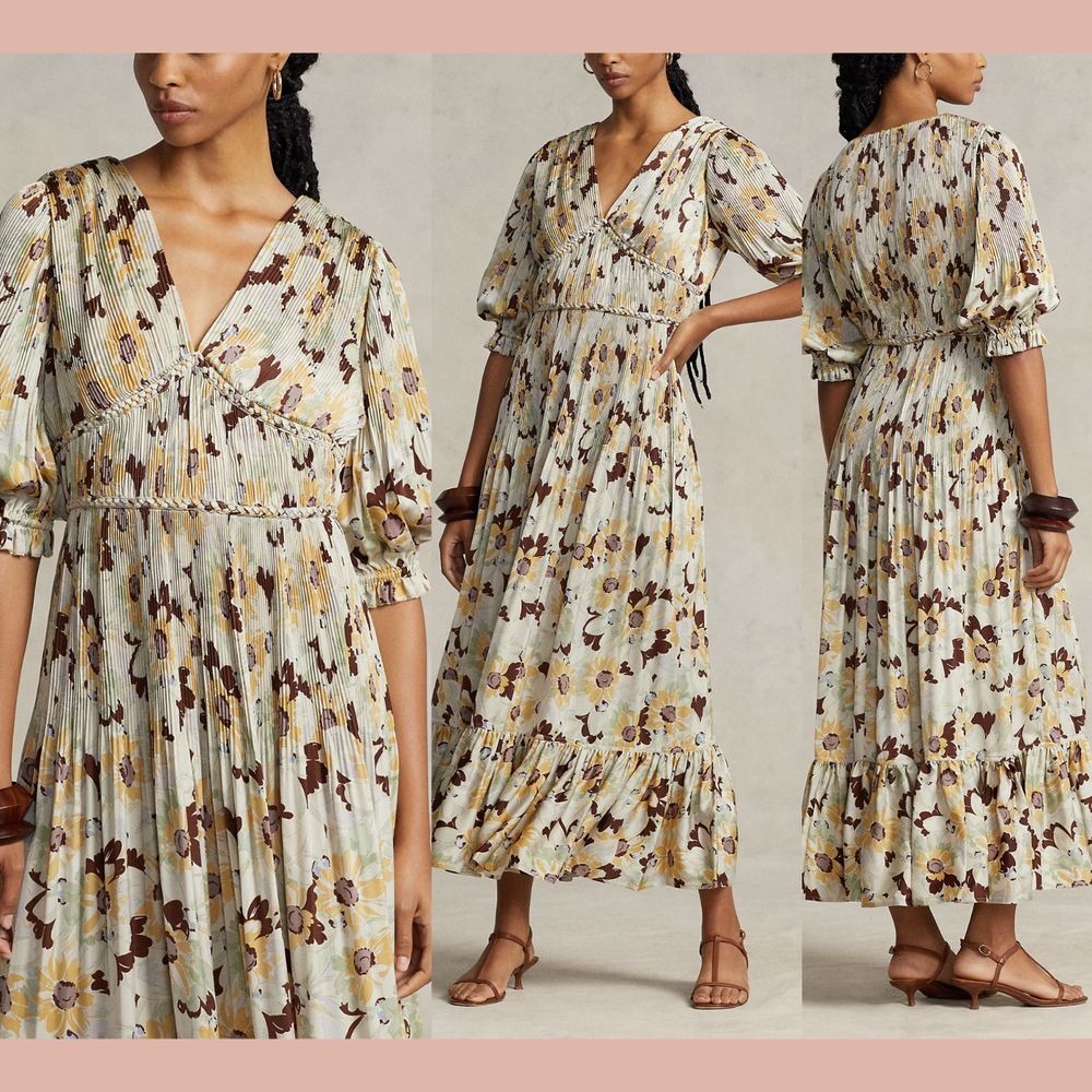NWT $698 POLO RALPH LAUREN [ 4 ] Floral Pleated Satin‎ Dress in Buttercup Cream